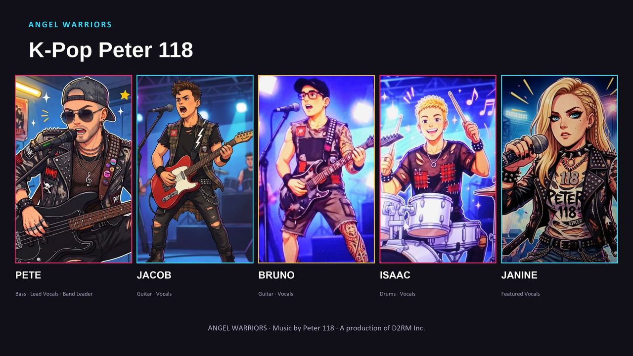 The Peter 118 cartoon band: Pete, Jacob, Bruno, Isaac and Janine
