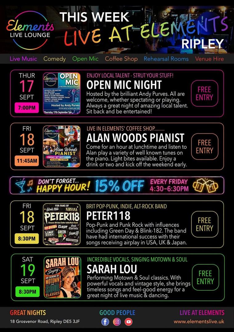 Elements Live Lounge, Ripley weekly listing. Peter 118 plays Friday 18 September at 8:30pm, free entry.
