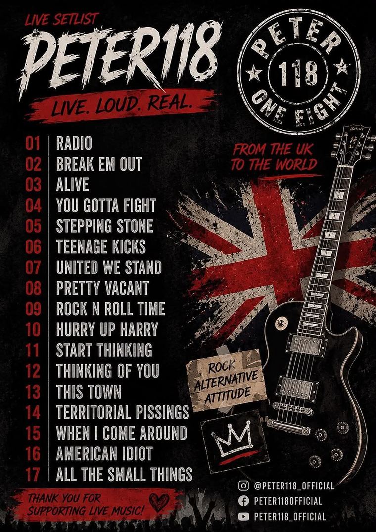 Peter 118 live setlist poster: 17 songs, from Radio to All the Small Things.